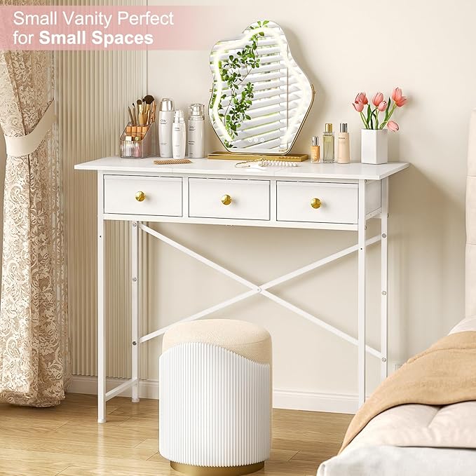 Makeup Vanity Desk No Mirror, 37.2 Inch Vanity with 3 Drawers, Girls Vanity Dressing Table for Bedroom, Small Vanity Table Home Office Desk for Small Spaces, White