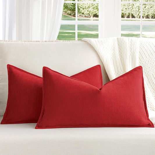 ZWJD Red Pillow 12x20 Pillow Covers Set of 2 Chenille Throw Red Pillow Covers with Elegant Design Soft and Luxurious Decorative Throw Pillows for Couch, Bed, and Home Decor