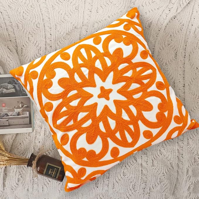 Alysheer Embroidered Decorative Throw Pillow Cover 20"x 20", Boho Mandala Modern Thick Embroidery Pattern, Durable Cotton Canvas Soft Cushion Case for Sofa Couch Bed Living Room (Bright Orange)