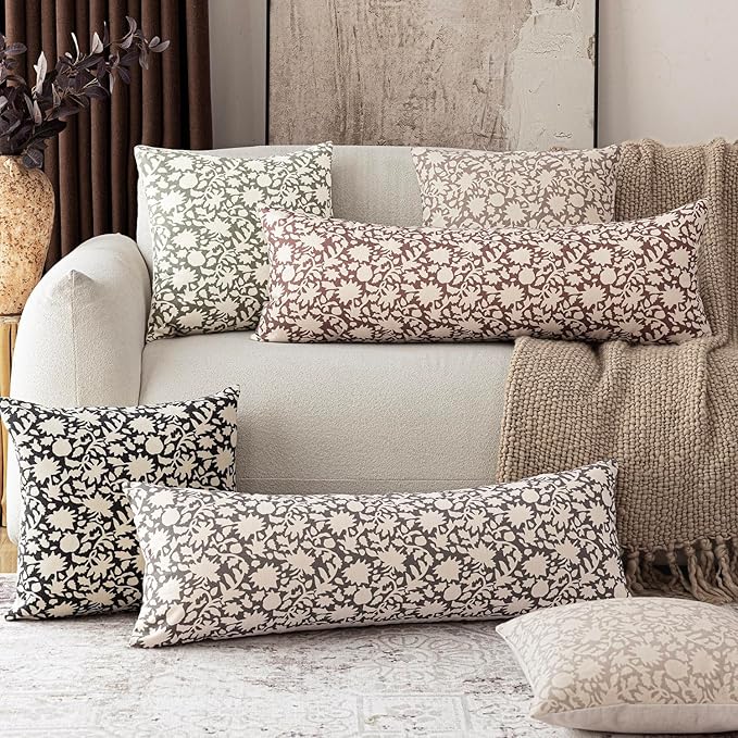 Foindtower Set of 2 Decorative Floral Long Body Lumbar Throw Pillow Covers Neutral Farmhouse Cushion Covers Boho Vintage Pillowcase For Couch Sofa Bedroom Living Room Home Decor Outdoor,14×36 Inch,Tan