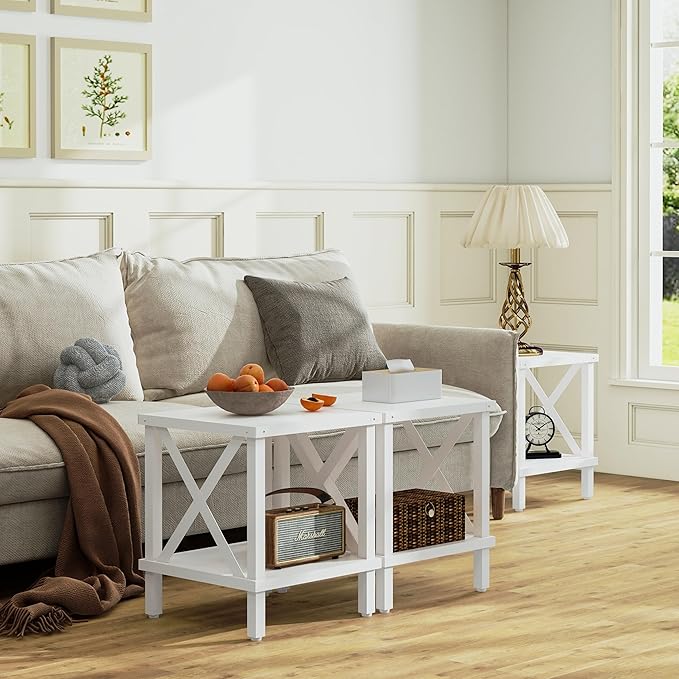 Large End Table Farmhouse Side Table Industrial Style Sofa Table Metal X Accent Wood Coffee Table NightStand with Storage Shelf for Living Room Bedroom White MLBZ16W