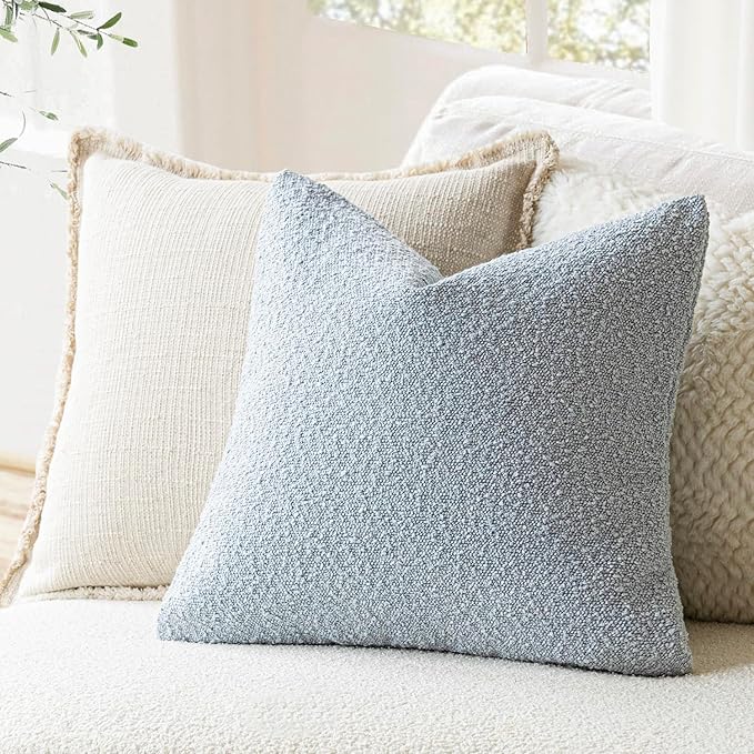 Foindtower Set of 2, Decorative Textured Boucle Throw Pillow Covers Accent Solid Pillow Cases Neutral Soft Cozy Couch Cushion Case for Chair Sofa Bedroom Living Room Home Decor 24 x 24 Inch Light Blue