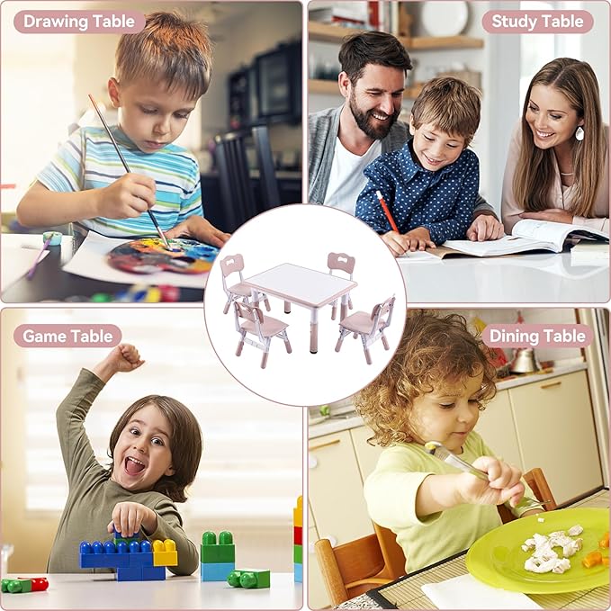 Height-Adjustable Kids Table and 4 Chairs Set, Toddler Table and Chair Set with Graffiti Desktop, 31.5''L x 23.6''W Children Activity Table for Daycare, Classroom, Home