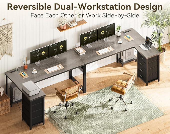 ODK 61'' L Shaped Desk with 4 Drawers, Reversible Corner Desk with Storage, Gaming Table with Power Outlets, USB Ports, PC Case Shelf, Computer Desk for Home Office, Study, Easy Assembly, Gray Oak