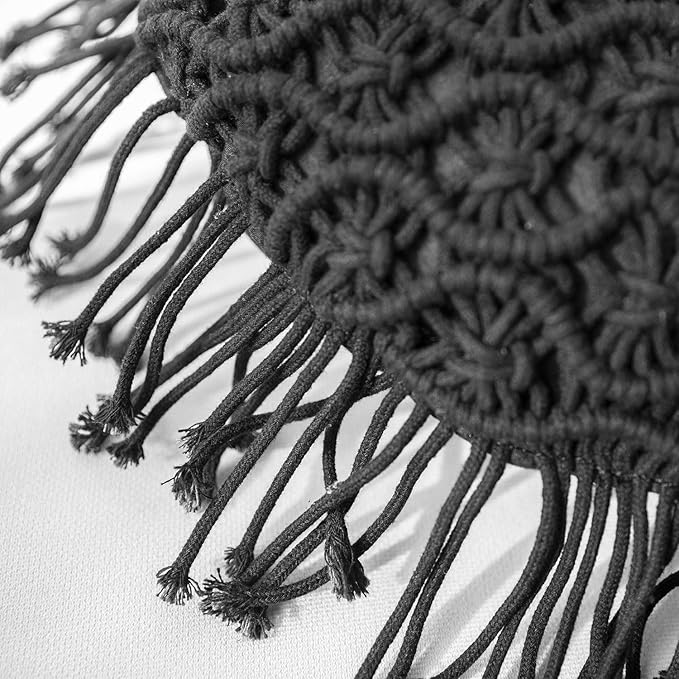 Phantoscope 100% Cotton Handmade Crochet Woven Boho Throw Pillow with Tassel Cute Farmhouse Pillow Insert Included Lumbar Small Decorative Cushion for Couch Sofa, Black,16 inches Round