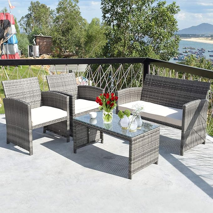Tangkula 4 PCS Wicker Patio Conversation Set, Outdoor Rattan Sofas with Table Set, Patio Furniture Set with Soft Cushions & Tempered Glass Coffee Table for Poolside Balcony