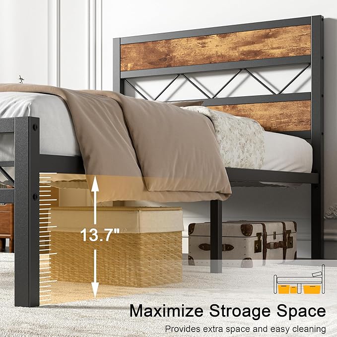 VECELO Twin Size Bed Frame with Headboard, Heavy-Duty Platform Bedframe with Metal Slats Support, No Box Spring Needed, Easy Assembly, Black & Brown