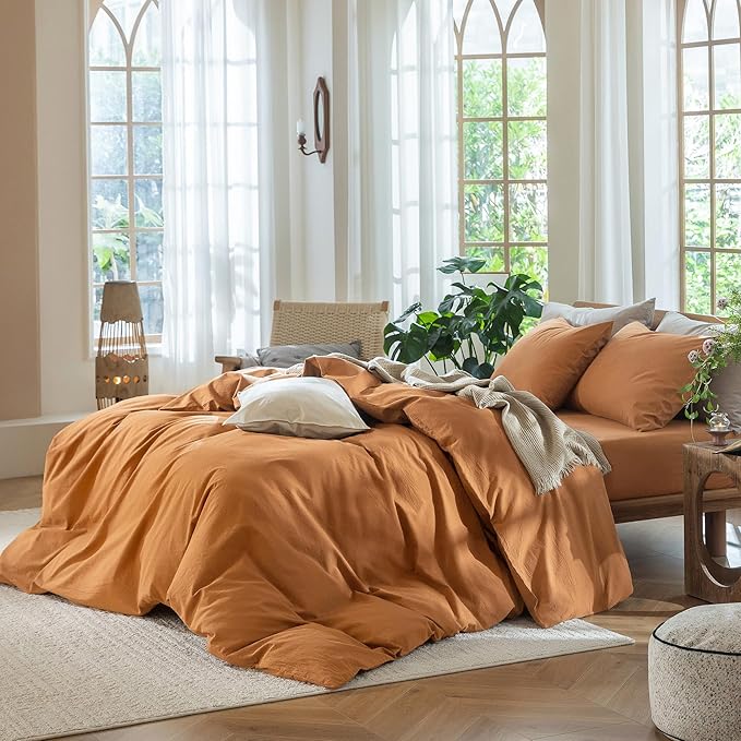 MooMee Bedding Duvet Cover Set 100% Washed Cotton Linen Like Textured Breathable Durable Soft Comfy (Solid Burnt Orange, Queen 90"x90")