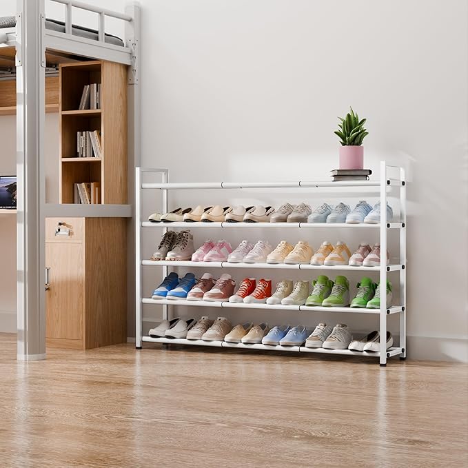 Bumusty 5-Tier Long Expandable Shoe Rack for Closet, 18"-44" Adjustable Shoe Rack for Entryway, 25-30 Pairs Large Shoe Organizer Shelf Storage, Sturdy Metal, White