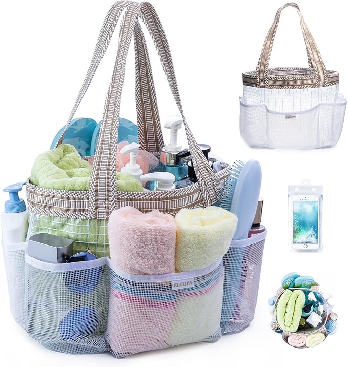 Mesh Shower Caddy Portable for College Dorm Room Essentials with Waterproof Phone Pouch, Shower Bag with Reinforced Bottom for Beach,Camping, Swimming,Gym, Quick Dry Toiletry Bag with 6 Pockets