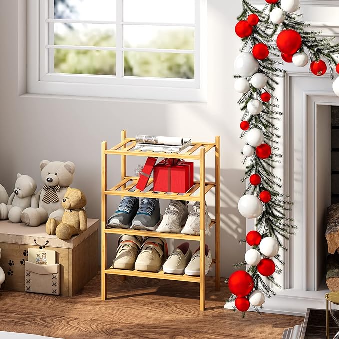 Small Shoe Rack, 4-Tier Bamboo Stackable Shoe Shelf Storage Organizer, Shoe Stand for Closet, Entryway and Hallway
