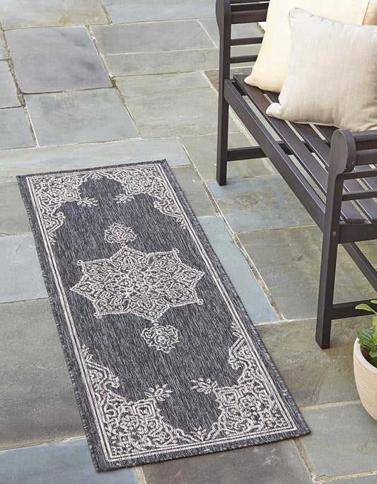 Unique Loom Outdoor Traditional Collection Area Rug - Antique (2' x 8' Runner Charcoal Gray/Natural)