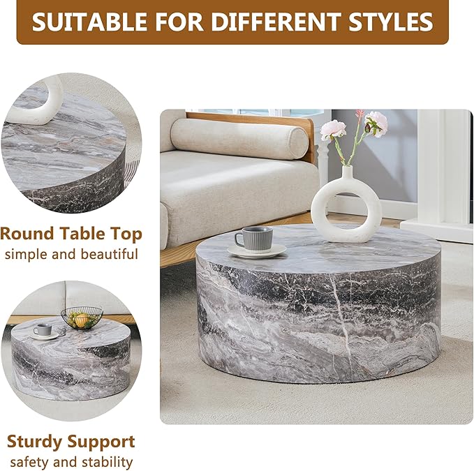 Modern Coffee Table,27.5Inch Round Top Tea Table,Living Room Center Table with Texture for Living Room,Office,Apartment