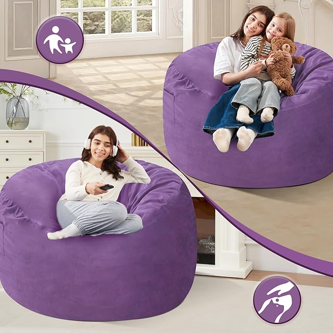 Homguava 4 FT Bean Bag Chair: 4' Bean Bags with Memory Foam Filled, Large Beanbag Chairs Soft Sofa with Dutch Velvet Cover-Purple