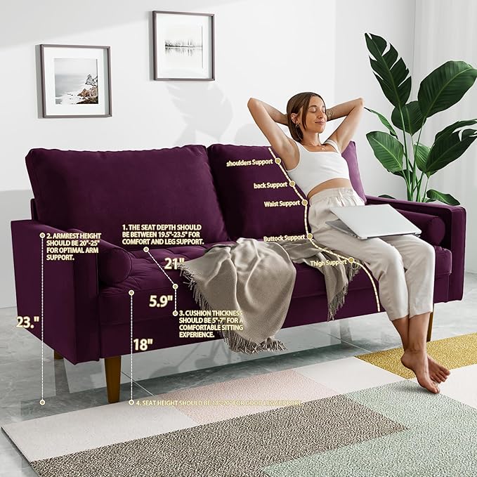 Modern Sofa,70 Inch Velvet Couch for Living Room,Spring Cushions,Easy Assembly Modern Couches with Throw Pillow for Small Spaces (Eggplant)