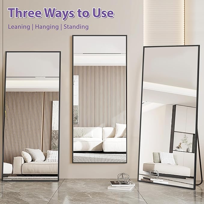 Full Length Mirror, 58"x18" Oversized Floor Mirror Freestanding, Full Body Mirror Floor Standing Mirrors with Stand, Hanging Mounted Mirrors for Bedroom Living Room, Black, Rect Style
