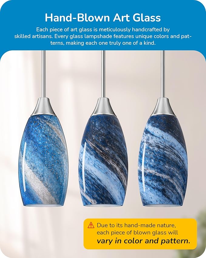 EDISHINE Pendant Light Fixtures, Handcrafted Art Glass Hanging Light with Brushed Nickel Finished, E26 Socket, Adjustable Cord Glass Pendant Light for Kitchen, Bathroom, Hallway, Bar