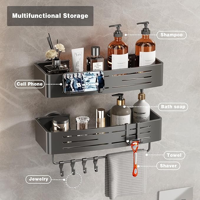 Voldra Shower Caddy Suction Cup, 2 Pack Shower Shelves for Inside Shower No Drilling, Aluminum Suction Showers Organizer with Towel Bar & Hooks Removable Bathroom Shelf Storage Rack(Gray)