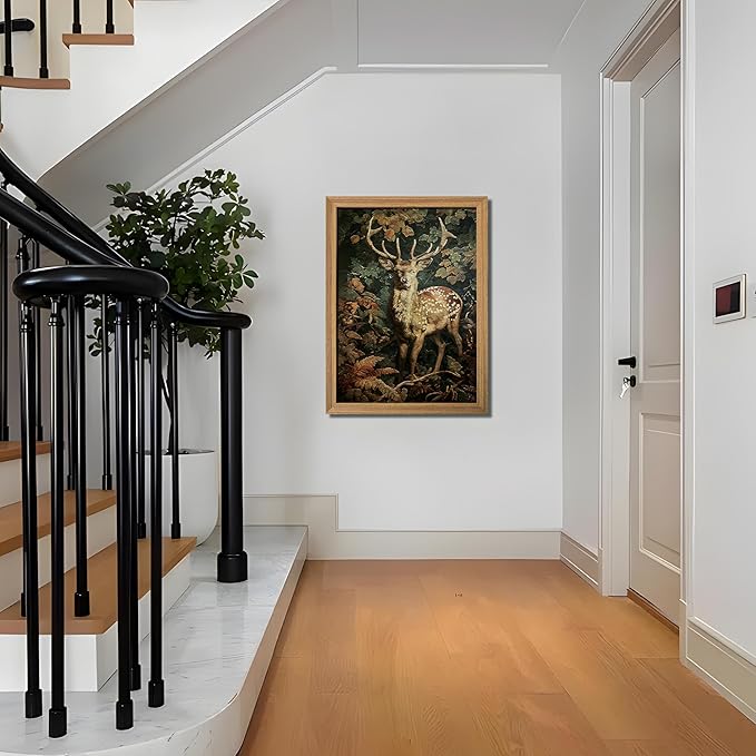 AKWISH Framed 3D Textured Vintage Wall Art - Dark Academia Decor Sika Deer Hand Drawn Sandstone Paintings with Botanical Florals, Aesthetic Wall Decor for Living Room Bedroom Home 12x16 inch