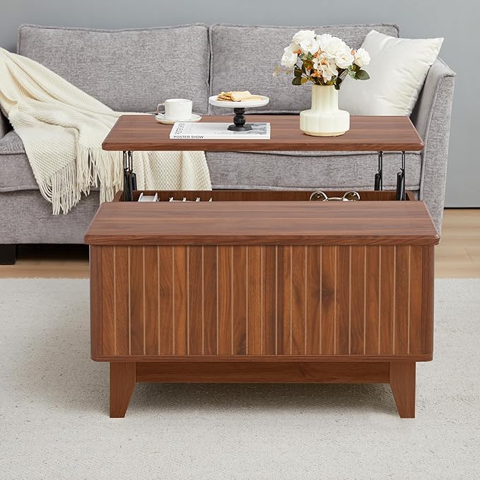 Lift Top Coffee Table, Square Coffee Table with Hidden Storage Compartment, Farmhouse Wood Center Table Dining Table for Living Room, Bedroom, Home Office (Walnut)