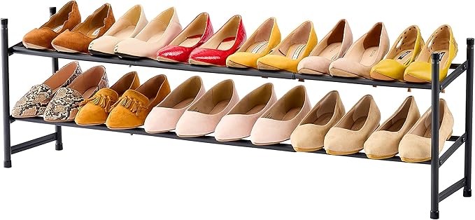 Tajsoon Expandable Shoe Rack for Closet 2 Tier, 28“-41“ Adjustable & Stackable Shoe Shelf Storage, Metal Shoe Rack Organizer for Front Door Entrance, Closet, Garage, Entryway, Black