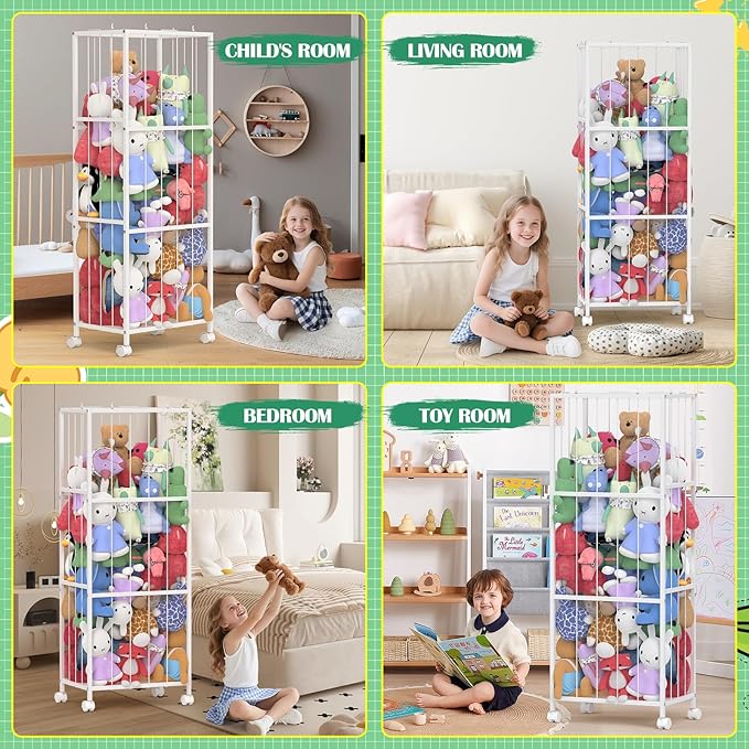 Stuffed Animal Storage, Large Stuffed Animal Zoo Holder, Sturdy Metal Plushies Toy Storage Organizer for Nursery Playroom Kids Room, White