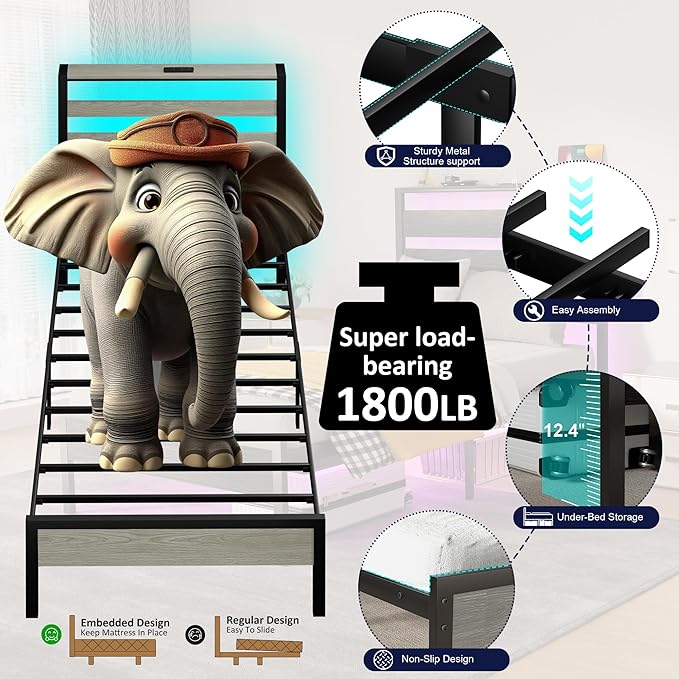 Twin Bed Frame with LED Lights & Charging Station, Metal Platform Bed with Headboard, Heavy Duty Metal Slats, No Box Spring Needed, Noise Free, Easy Assembly