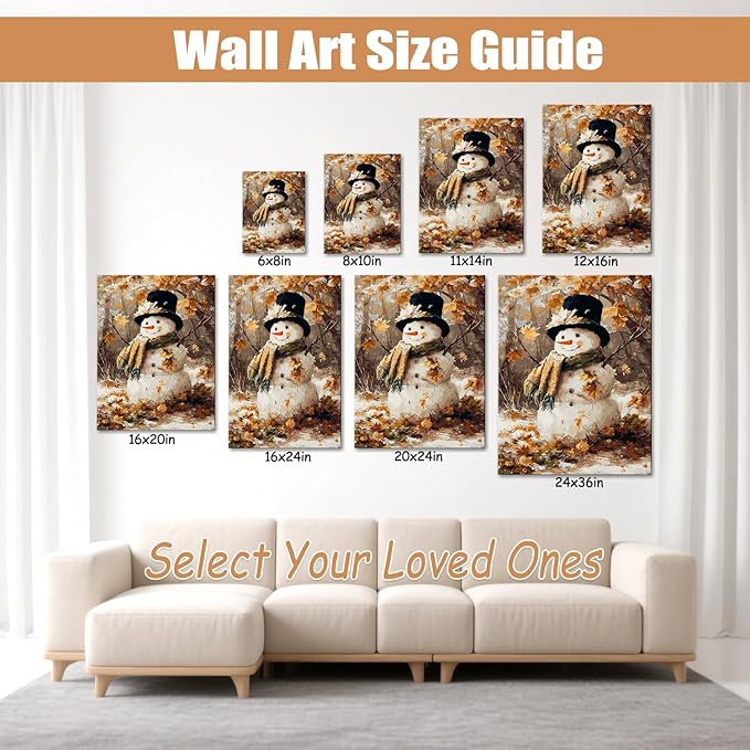 Vintage Snowman in Forest Christmas Canvas Wall Art - Rustic Winter Landscape Framed Print for Living Room, Cozy Christmas Wall Decor, Ideal Christmas Gifts & Festive Winter Decor