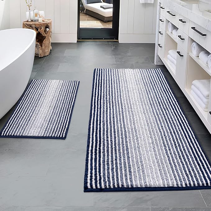 BSICPRO Bathroom Rugs and Mats Sets, 2 Piece Thick Absorbent Chenille Non Slip Soft Shaggy Floor Mats Machine Washable (20" x 47" Plus 16" x 24", Navy)