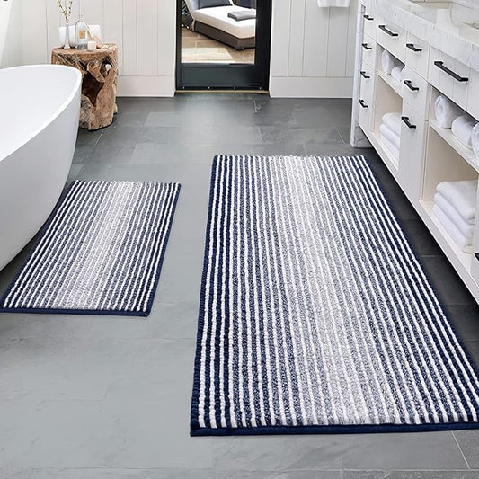 BSICPRO Bathroom Rugs and Mats Sets, 2 Piece Thick Absorbent Chenille Non Slip Soft Shaggy Floor Mats Machine Washable (20" x 47" Plus 16" x 24", Navy)
