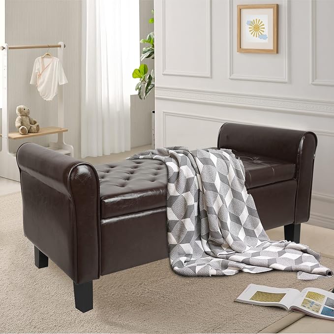 Storage Ottoman Bench with Arms, End of Bed Bench for Bedroom, Button Tufted for Entryway, Living Room,Hallway, Foot Rest (Brown)