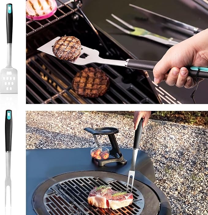 5-Piece Good Grips BBQ Grill Tool Set – Extra Tough Metal Wire Brush Cleaner, Stainless Steel Spatula, Fork, Tongs, Basting Brush for Outdoor Grilling, Camping - Perfect Grill Gifts for Men Dad