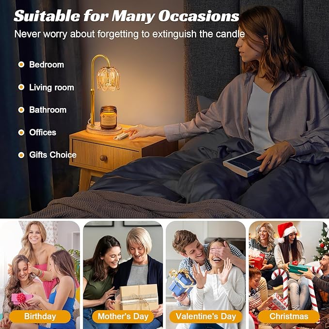 Petal Candle Warmer Lamp with Timer & Dimmable Light Champagne Gold - Adjustable Height Jar Melter on Crystal Glass Base, Home Decor Gift Set (Includes 2 Bulbs)