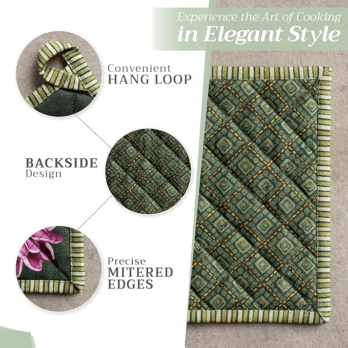 Maison d' Hermine Pot Holders Set 100% Cotton Heat Resistant Potholders 8" x 8" Hot Pads with Loop for Thanksgiving Christmas Decorations Handling Hot Pans (Pack of 2, Pumpkin Garden - Dark Green)