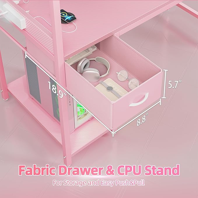 TIQLAB Gaming Desk 55 inch with Power Outlet and LED Light, Computer Desk with Reversible Shelves and Storage Drawer, Small PC Desk for Home Office Table with Bag, Carbon Fiber Pink