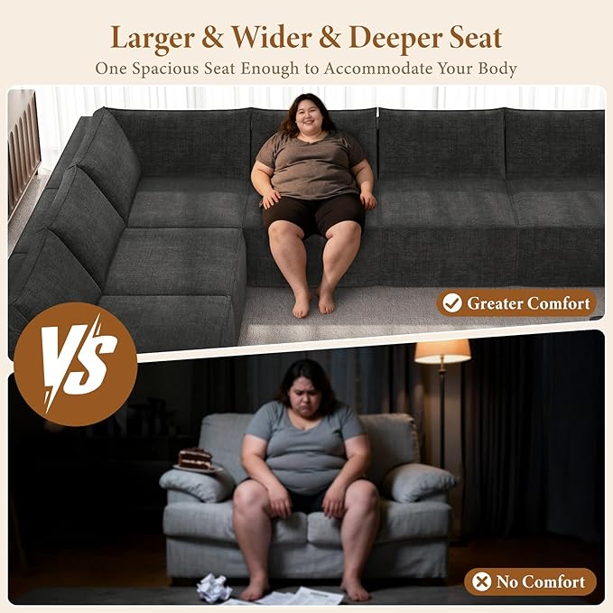 Vesgantti 143.7" Oversized Boneless Sectional Couch, Modern 6 Seater Modular Sofa with Ottoman & Deep Seat, Convertible Chenille Cloud Couches for Living Room, No Assembly Required, Dark Grey