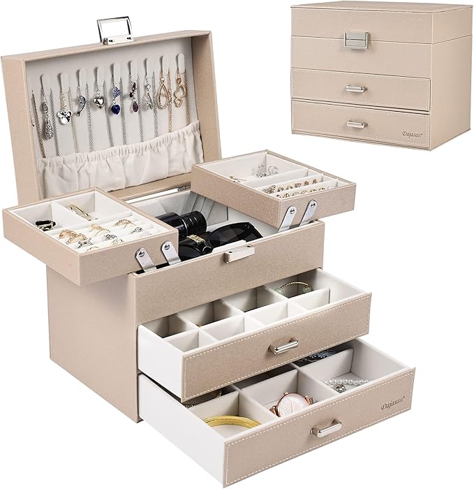 Dajasan Jewelry Organizer Box, Large Jewelry Storage Box, PU Leather Jewelry Storage Case for Valentine's Day, Birthday, Mother's Day, Christmas (Champagne)