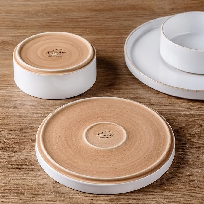 AmorArc Ceramic Dinnerware Sets for 4, 12 Pieces Handpainted Plates and Bowls Set with Rustic Terracotta Underside, Scratch Resistant Stoneware Dishes Set, Dishwasher & Microwave Safe
