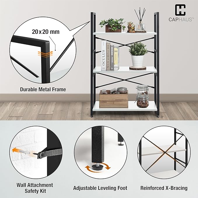 CAPHAUS 2 Tier Small Bookshelf, 24 Inch Width Free Standing Shelf, Bookcase Shelf Storage Organizer, Industrial Book Shelves for Home Office, Living Room, White Shelves & Metal Frame