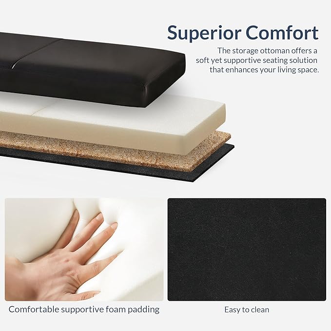 BELLEZE Storage Faux Leather Ottoman, 47 Inch Bench Bedroom Bench with Safety Close Hinge, Extra Long Ottoman with Storage for Living Room, Entryway, Hallway, Foot Rest, Support 300lbs - Black