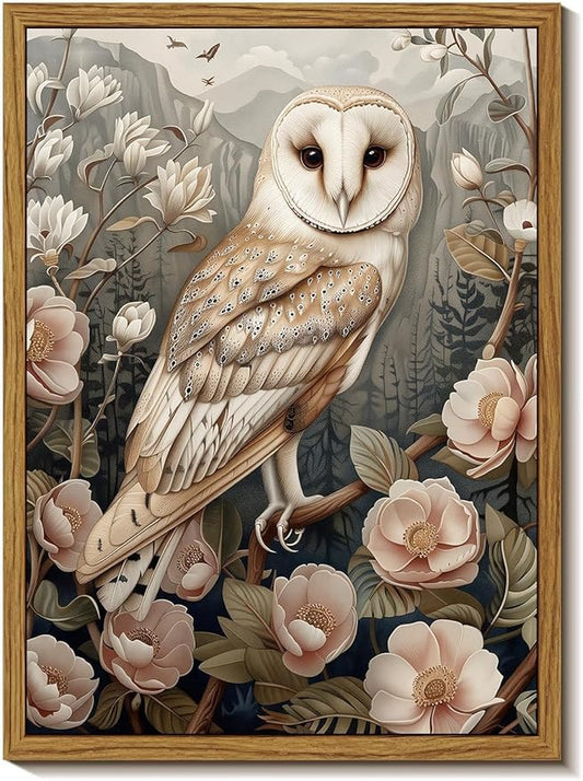 Djmwtb Vintage Framed Wall Art Floral Owl Canvas Wall Art Prints Flower Botanical Painting Nature Pictures Artwork for Bedroom Living Room 12x16in