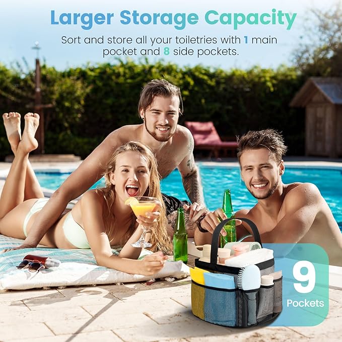 Mesh Shower Caddy Portable for College Dorm Room Essentials for Girls with 9 Pockets,Large-Capacity Shower Basket,Quick Dry Toiletry Tote Bag for Women,Outdoor Gym,Travel,Swim,Beach Camping Essentials