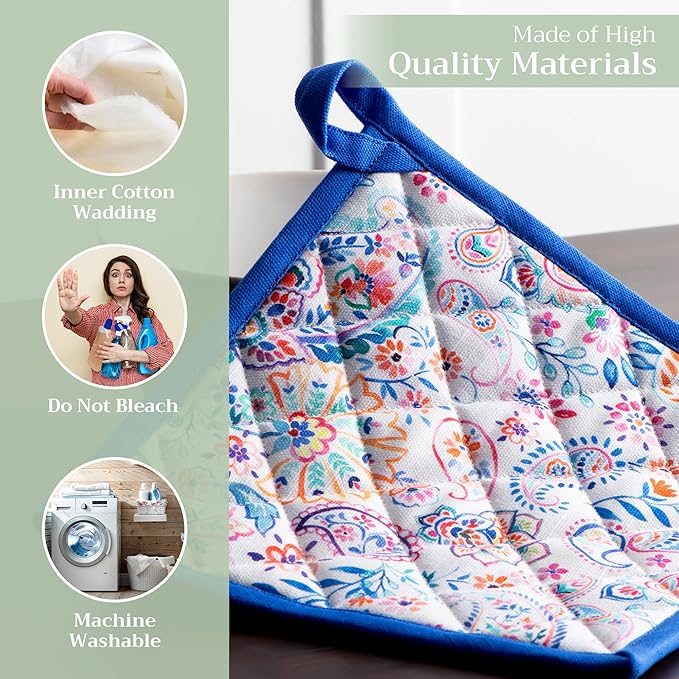 Maison d' Hermine Pot Holders Set 100% Cotton Heat Resistant Potholders 8" x 8" Hot Pads with Loop BBQ, Cooking, Baking, Grilling, Kitchen, Handling Hot Pans Spring/Summer (Pack of 2, Indian Floral)