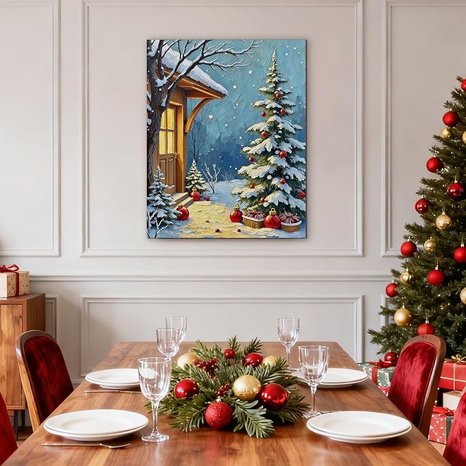 Framed Christmas Pictures Wall Decor,Vintage Pine Tree Prints,Winter Christmas Canvas Wall Art Decoration for Bedroom Bathroom Living Room Rustic Xmas Holiday Gifts (Christmas Tree 21, 11'' X 14'')