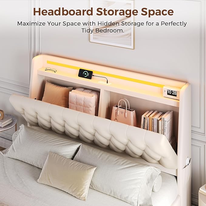 Queen LED Velvet Bed Frame with 2 Storage Drawers&Hidden Headboard, Upholstered Platform Bed with Charging Station&Button Tufted Design, Wooden Slats Support, Box Spring Optional, Easy Assembly, Beige