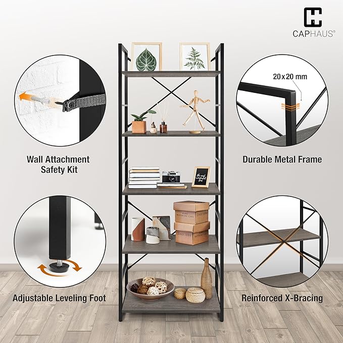 CAPHAUS 5 Tier Bookshelf, 24 Inch Width Free Standing Shelf, Bookcase Shelf Storage Organizer, Industrial Book Shelves for Home Office, Living Room, Kitchen, Dark Grey