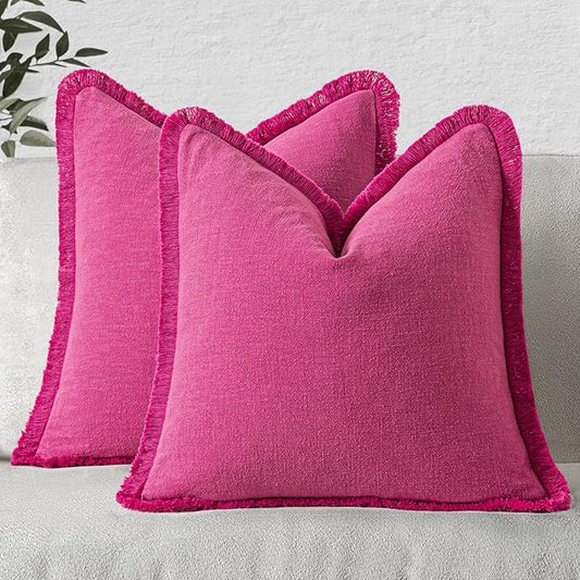 MIULEE Decorative Throw Pillow Covers Neutral Linen Fringe Throw Pillows Euro Shams Set of 2 Hot Pink Boho Farmhouse Cushion Covers for Couch Sofa Bed Living Room Spring Home Decor 22x22 Inch
