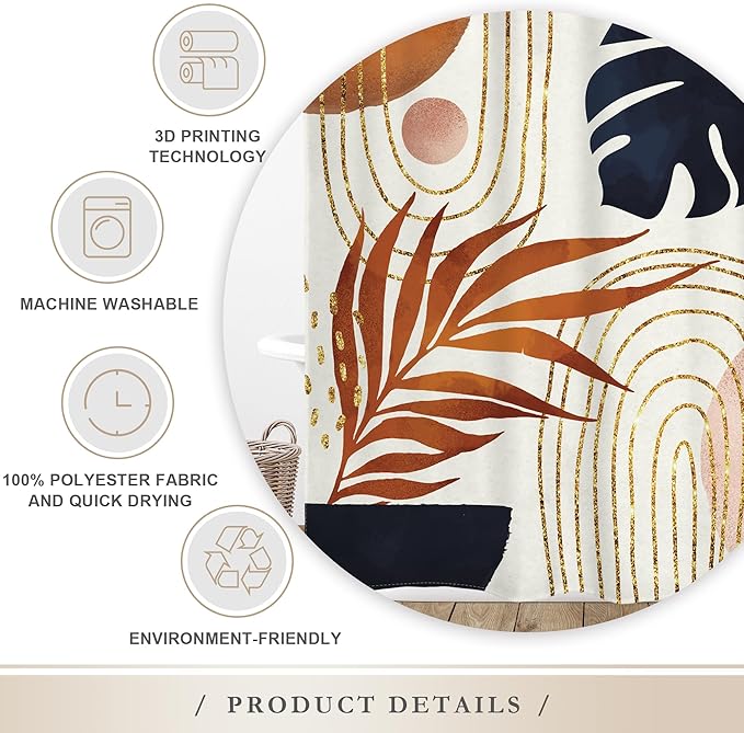 Glawry Boho Navy Brown Shower Curtain Modern Mid Century Abstract Tropical Palm Leaf Bathroom Minimalist Geometric Arch 60Wx72L Inches Bath Accessories Art Home Decor Fabric 12 Pack Hooks