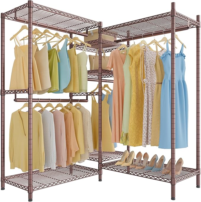 VIPEK L6 L Shaped Clothes Rack for Corner, Heavy Duty Clothing Rack 5-Tier Wire Garment Rack Freestanding Closet with 7 Adjustable Shelves & 4 Hanging Rods, Max Load 850LBS, Bronze