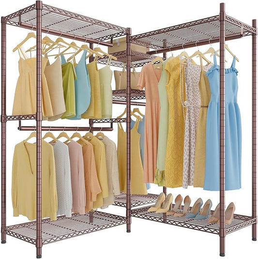 VIPEK L6 L Shaped Clothes Rack for Corner, Heavy Duty Clothing Rack 5-Tier Wire Garment Rack Freestanding Closet with 7 Adjustable Shelves & 4 Hanging Rods, Max Load 850LBS, Bronze